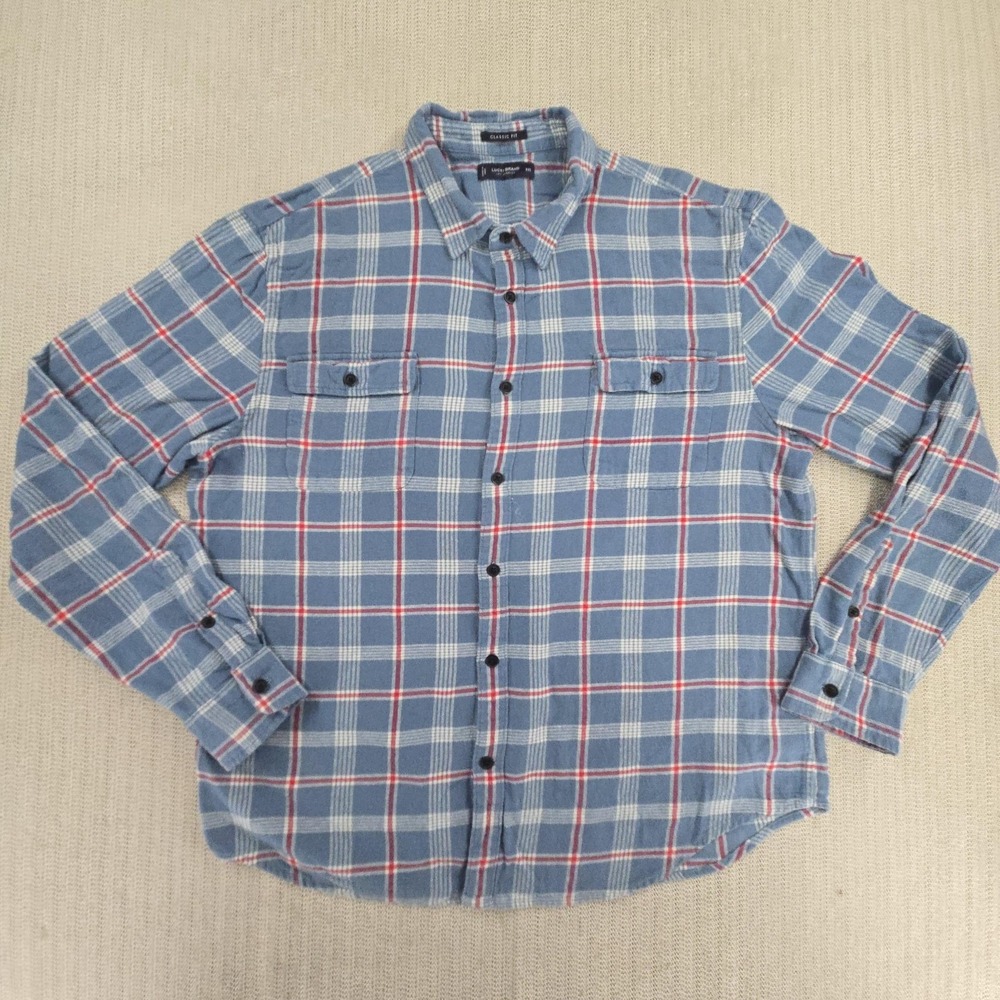 Lucky Brand Shirt Mens 2XL Blue Plaid Flannel Long Sleeve Button Up Classic Fit